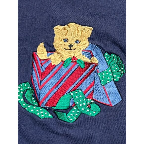 Vintage 90s Casual Corner Holiday Kitten Crewneck Sweatshirt Large Christmas Cat - Picture 2 of 8